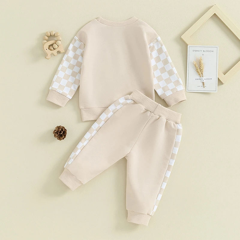 Toddler Baby Boy Outfit Plaid Contrast Color Long Sleeve Sweatshirts Stretch Jogger Pants Newborn Clothes Sets