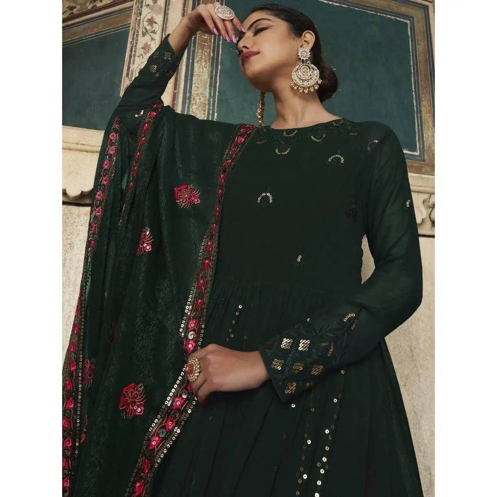 Green Sequins Embellished Georgette Ball Gown Evening Reception Wear Formal Party Dress From XS XL Empire Waistline Floor-Length