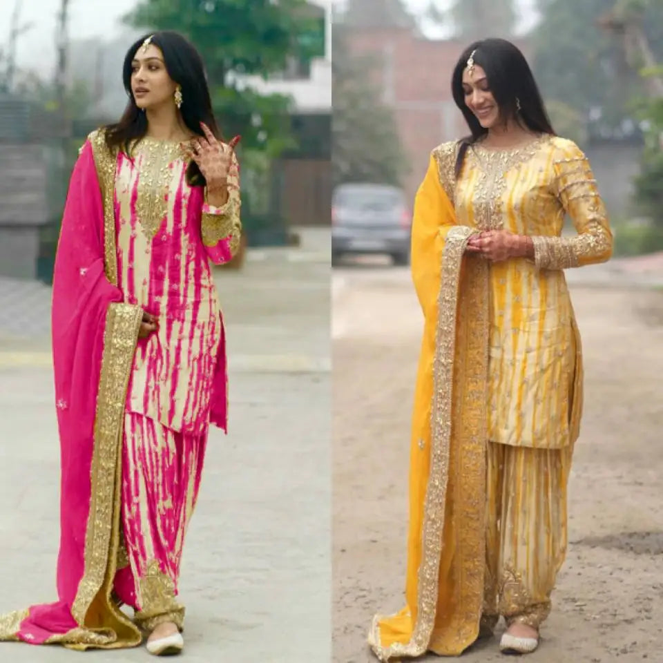Tennecy's New Ready-Made Pure Chinnon Silk Digital Print Fully Stitched Top-Patiala Dupatta Set Indian/Pakistani Diwali