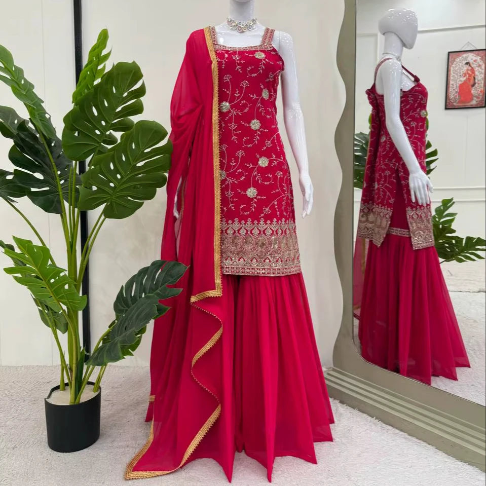 Women's Foux Gorgette Dupatta with Thread Sequence Reversible Party Wedding Diwali Indian & Pakistani Clothing
