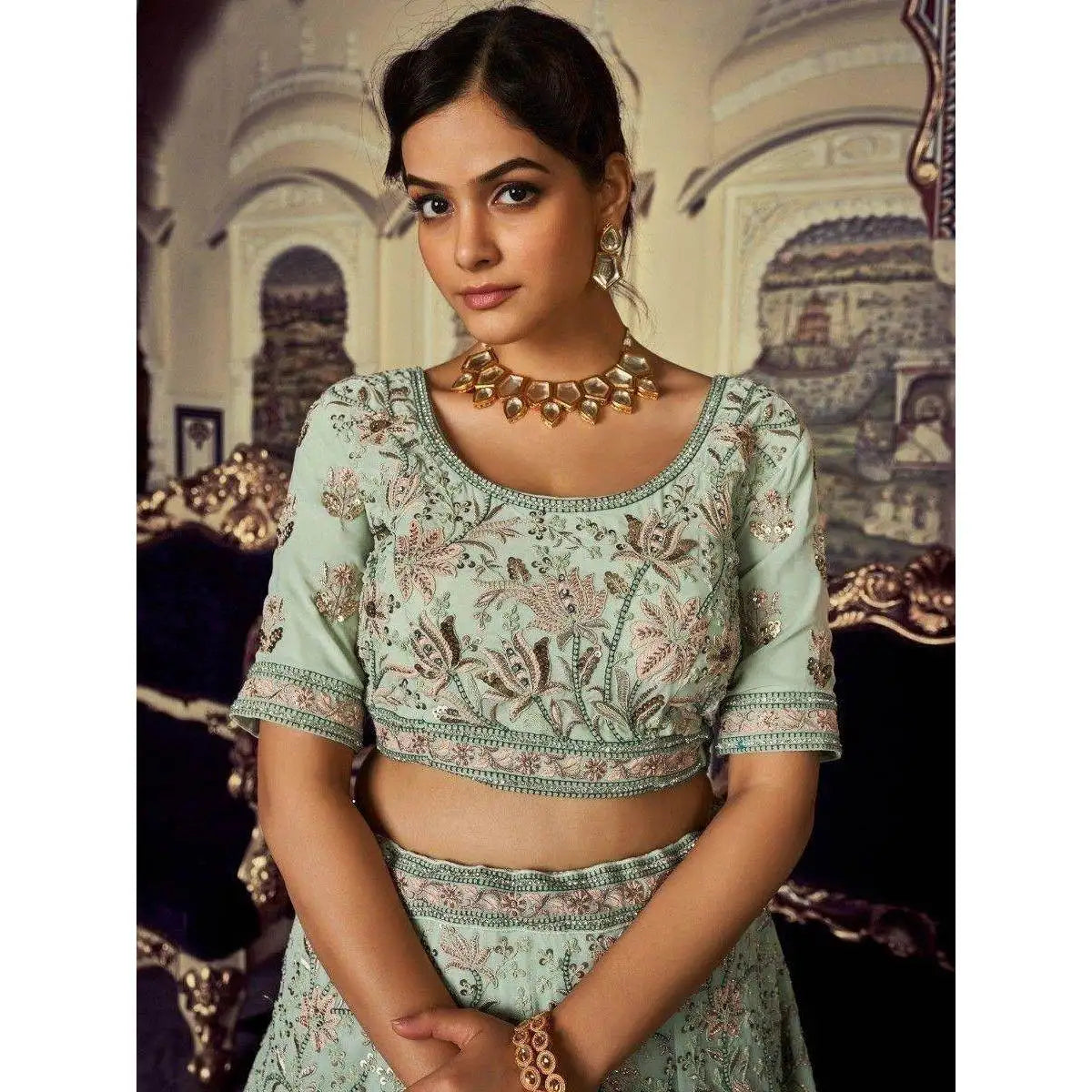 Precious Pista Green Embroidered Georgette Evening Dresses Lehenga Choli for Reception