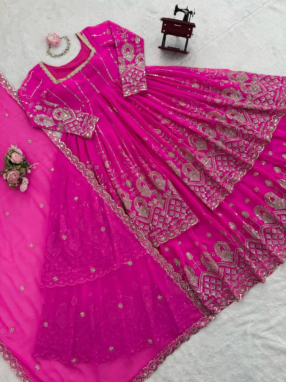 Pink Faux Georgette Embroidered Lehenga Choli Indian & Pakistani Traditional Clothing