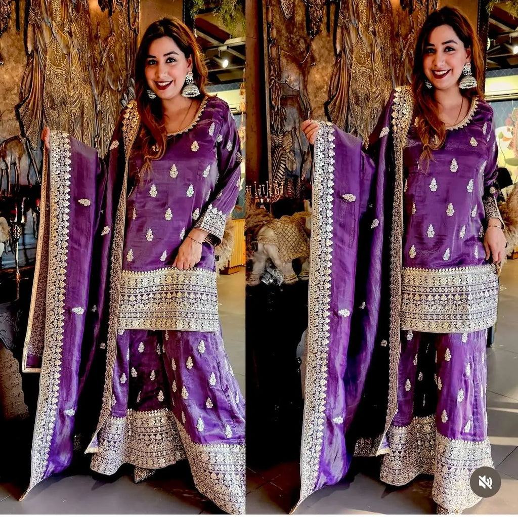 Latest Designer Cinon Top-Sarara and Dupatta Set Party Wear Look for Indian & Pakistani Clothing