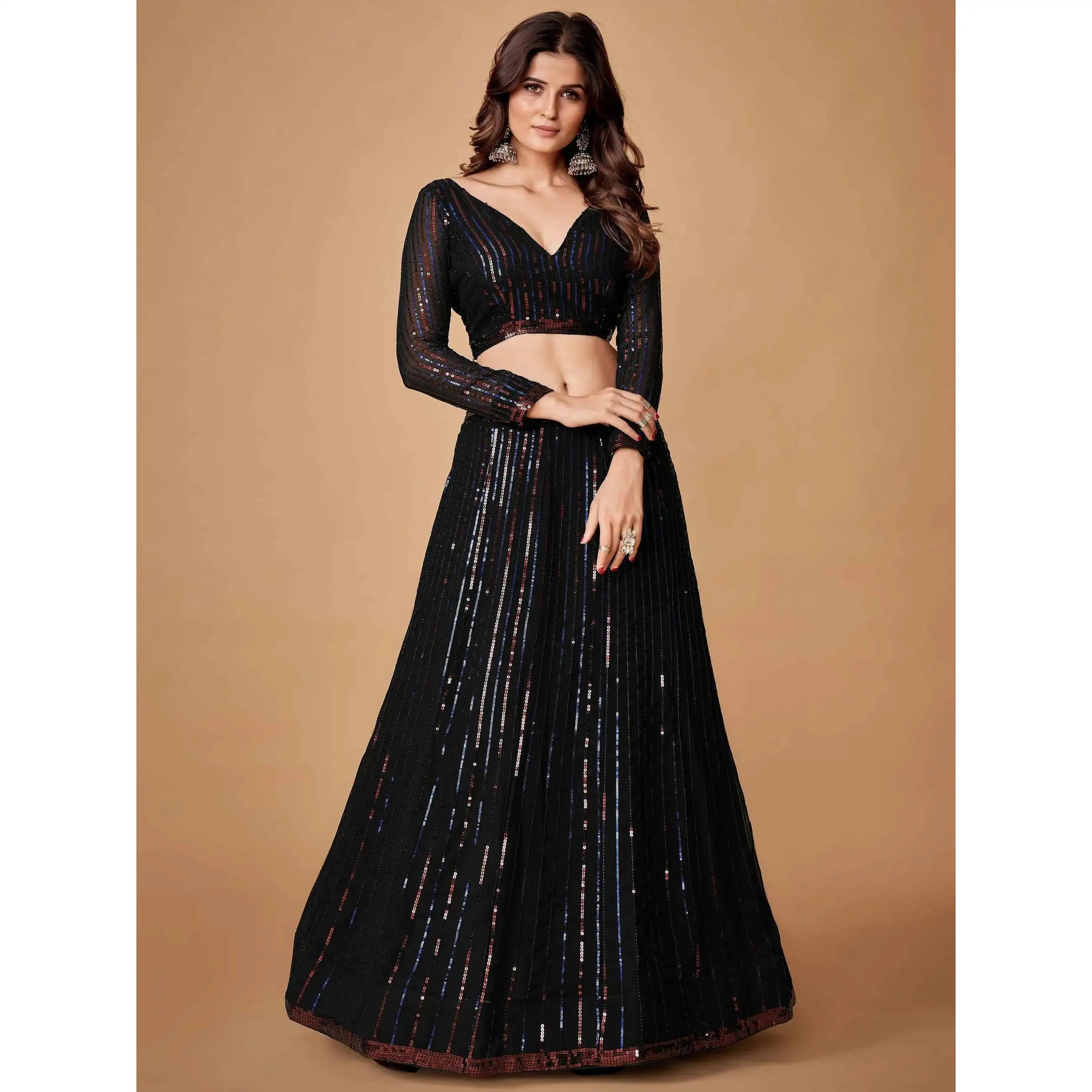 Charming Black Sequins Georgette Evening Dress Party Wear Lehenga Choli with Dupatta