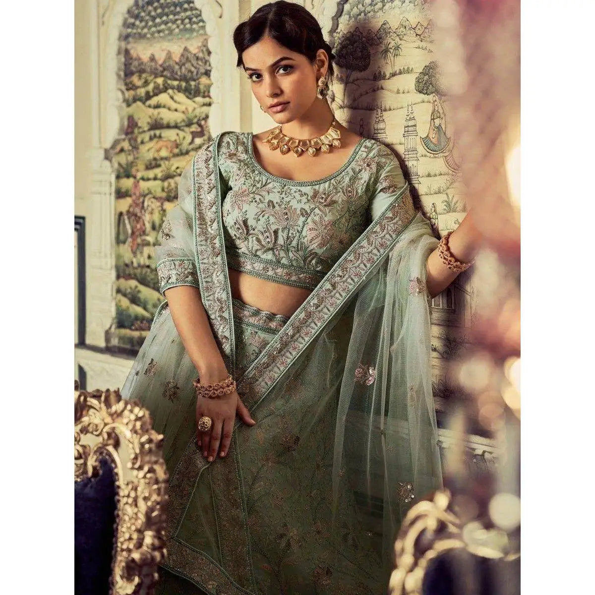 Precious Pista Green Embroidered Georgette Evening Dresses Lehenga Choli for Reception