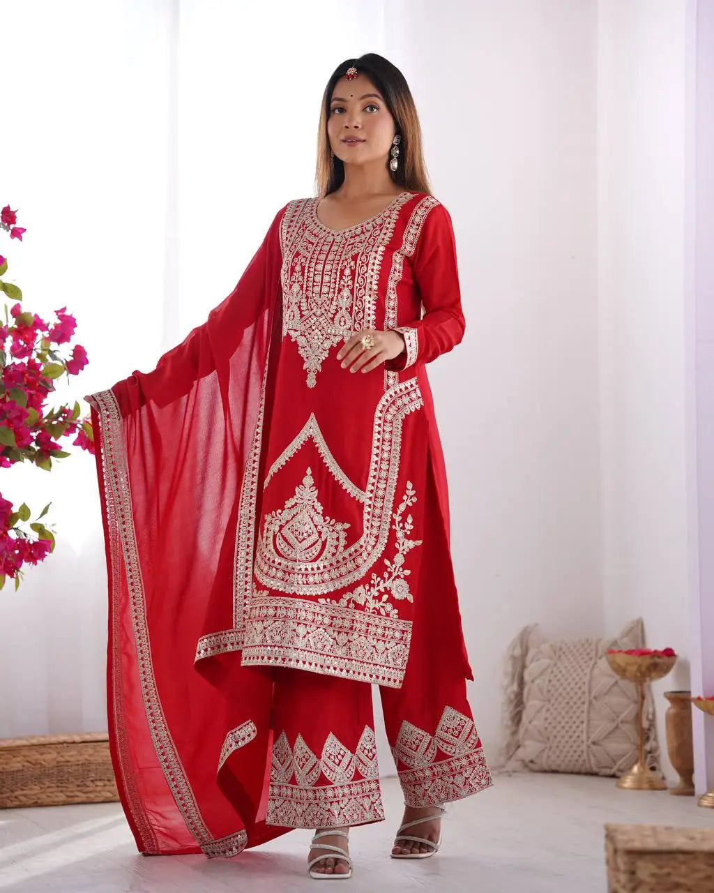 Women's Modern Style Rayon Fabric Nayra Cut Kurti Pant Dupatta Best Quality Heavy Embroidery Sequence Work Party Wear Indian