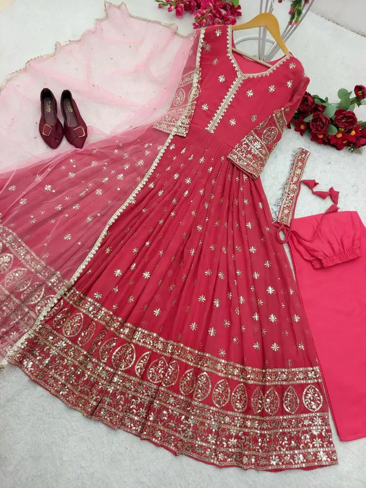 Fancy Georgette Embroidery Gown with Dupatta Set New Designer Sequence Work Collection for Indian & Pakistani Clothing