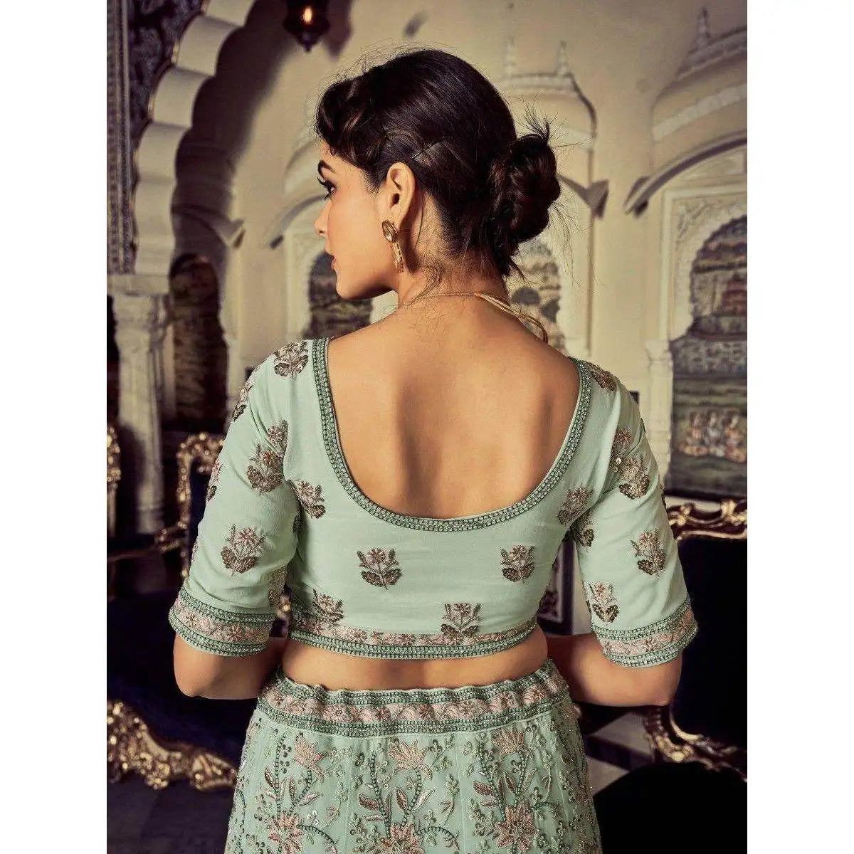 Precious Pista Green Embroidered Georgette Evening Dresses Lehenga Choli for Reception
