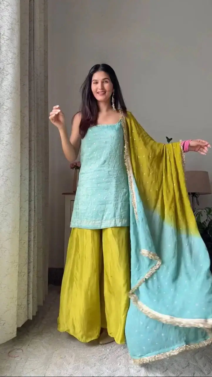 Fancy  Indian and Pakistani Clothing Chinon Silk Sequence Embroidered Work Top and Plazzo with Dupatta