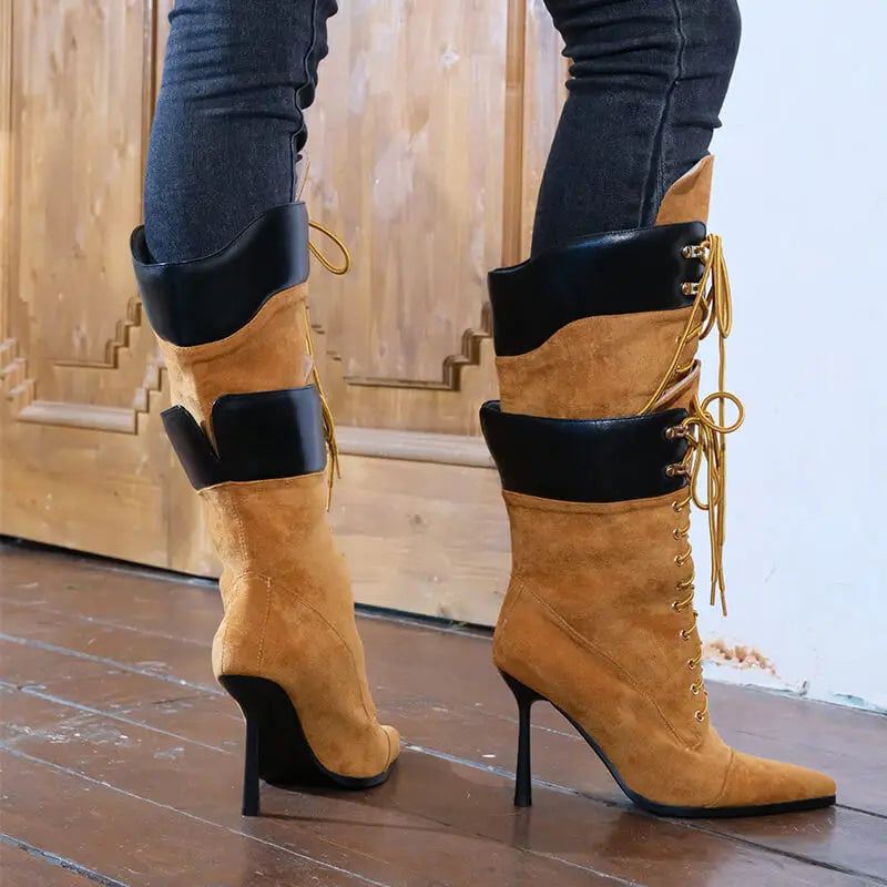 Onlymaker Women Pointed Toe Double Stiletto High Heel Lace Up Mid-Calf Boots