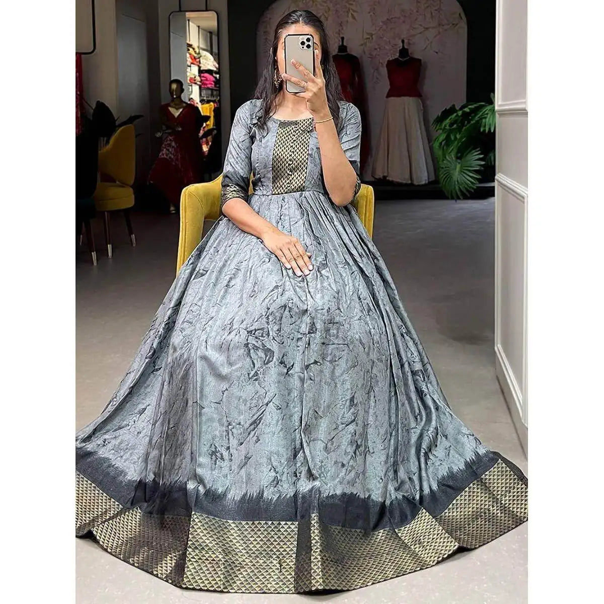 Glamorous Grey Shibori Print Silk Evening Dress Ready-to-Wear Festival Gown