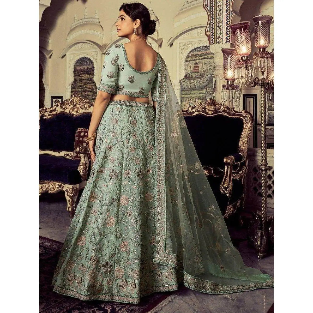 Precious Pista Green Embroidered Georgette Evening Dresses Lehenga Choli for Reception