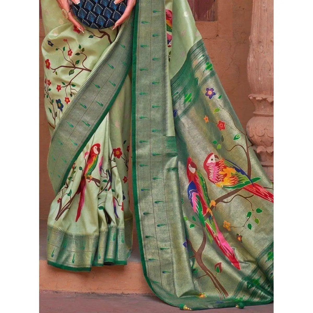 Exquisite Light Green Paithani Printed Silk Saree for Evening Occasions