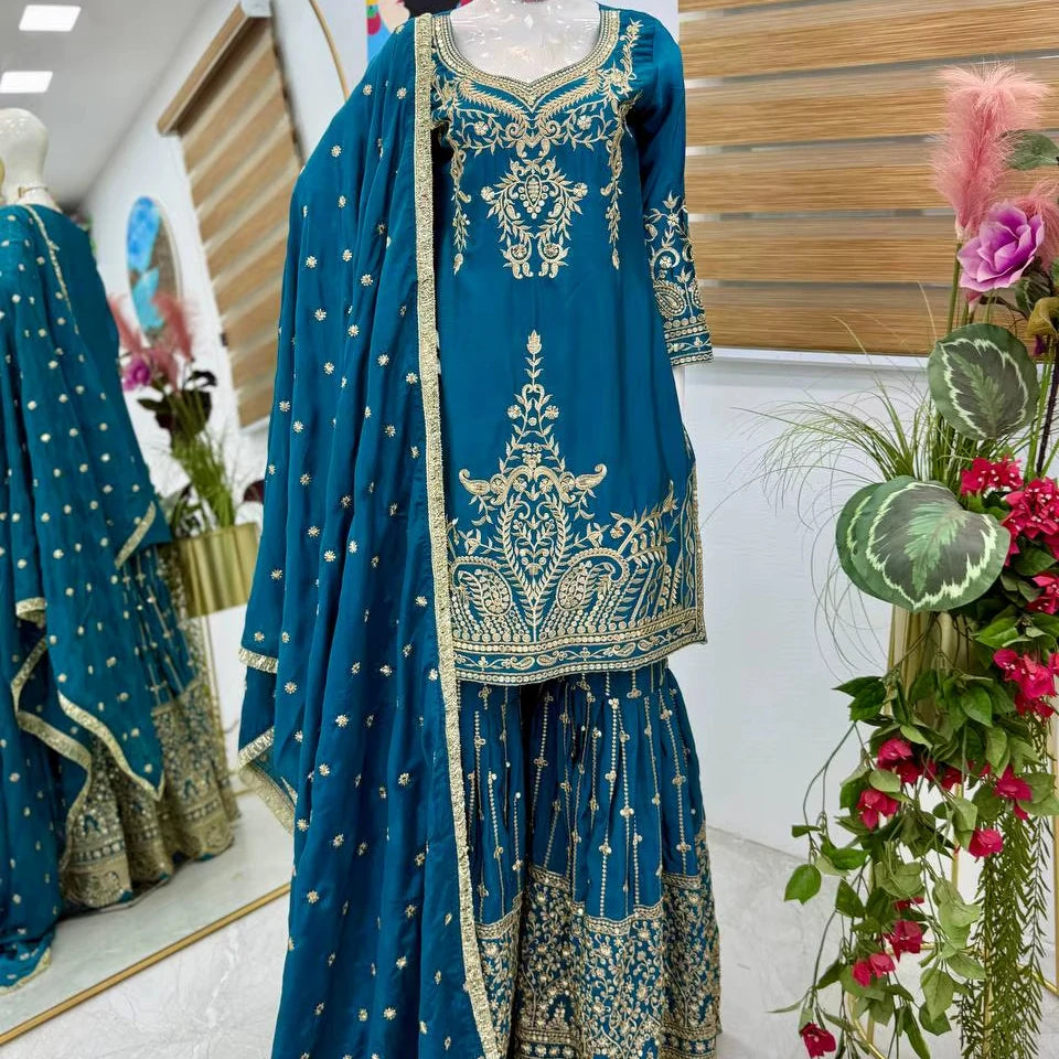 Indian Sequin Embroidered 3-Pcs Set Ethnic Wear Georgette Sharara Gharara Kurti Dupatta Pakistani Designer Ready-Made Silk Dress