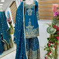 Indian Sequin Embroidered 3-Pcs Set Ethnic Wear Georgette Sharara Gharara Kurti Dupatta Pakistani Designer Ready-Made Silk Dress