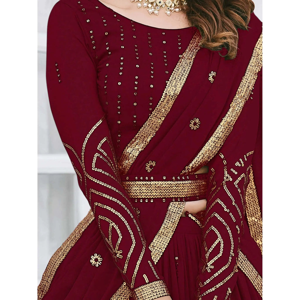Maroon Sequins Georgette Evening Dresses Elegant Lehenga Choli for Wedding Wear