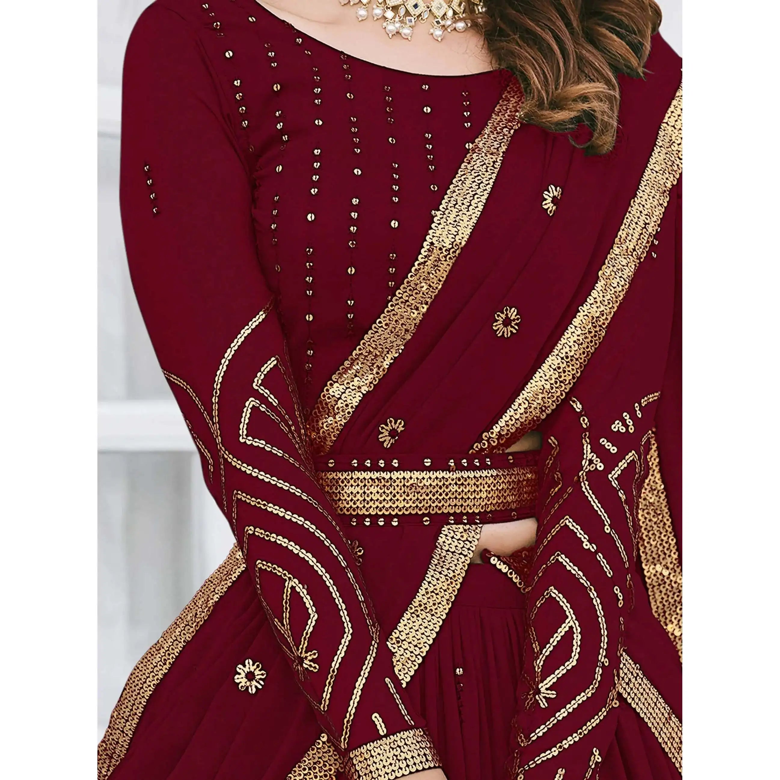 Maroon Sequins Georgette Evening Dresses Elegant Lehenga Choli for Wedding Wear