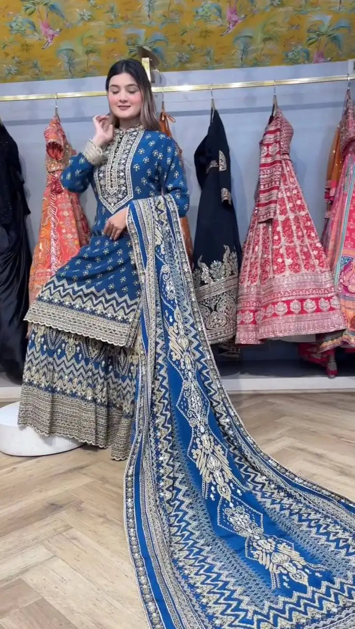 Designer Exclusive Printed Top Sarara with Dupatta Set for Indian & Pakistani Wedding Party Diwali-Wrinkle Free All Seasons Wear