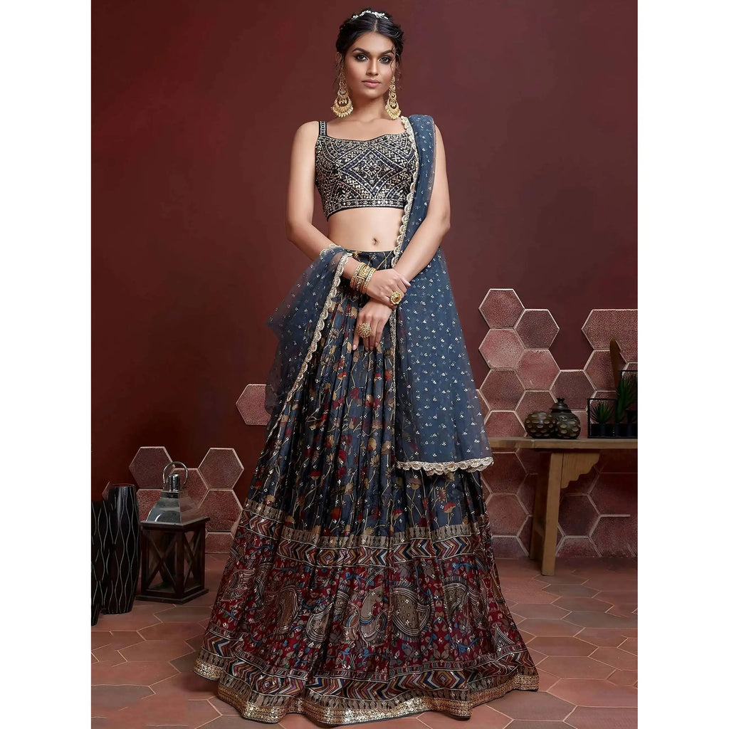 Chinon Silk Party Wear Lehenga Choli Exquisite Blue Digital Printed Evening Dresses