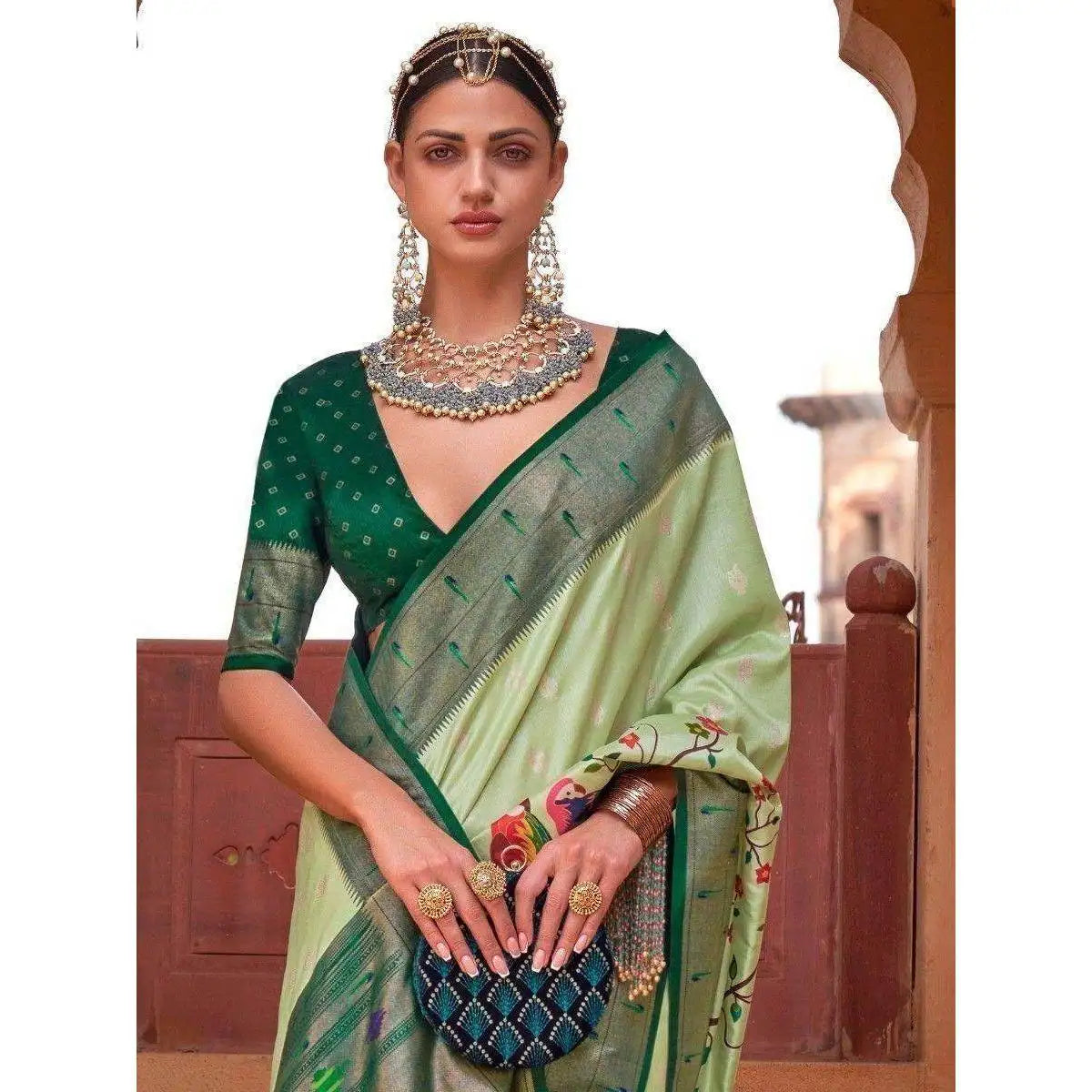 Exquisite Light Green Paithani Printed Silk Saree for Evening Occasions
