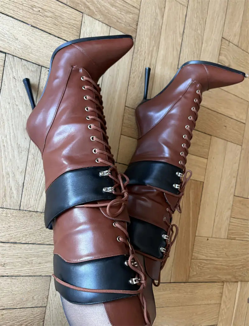 Onlymaker Women Pointed Toe Double Stiletto High Heel Lace Up Mid-Calf Boots