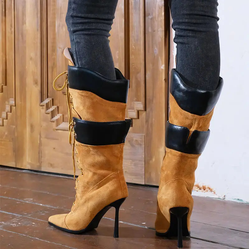 Onlymaker Women Pointed Toe Double Stiletto High Heel Lace Up Mid-Calf Boots