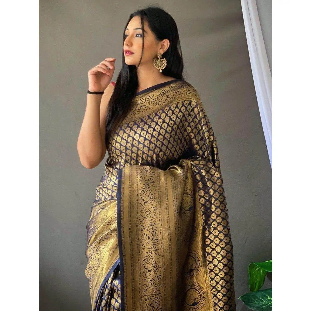Astonishing Blue Woven Kanjivaram Silk Evening Dress Saree with Blouse for Special Occasions