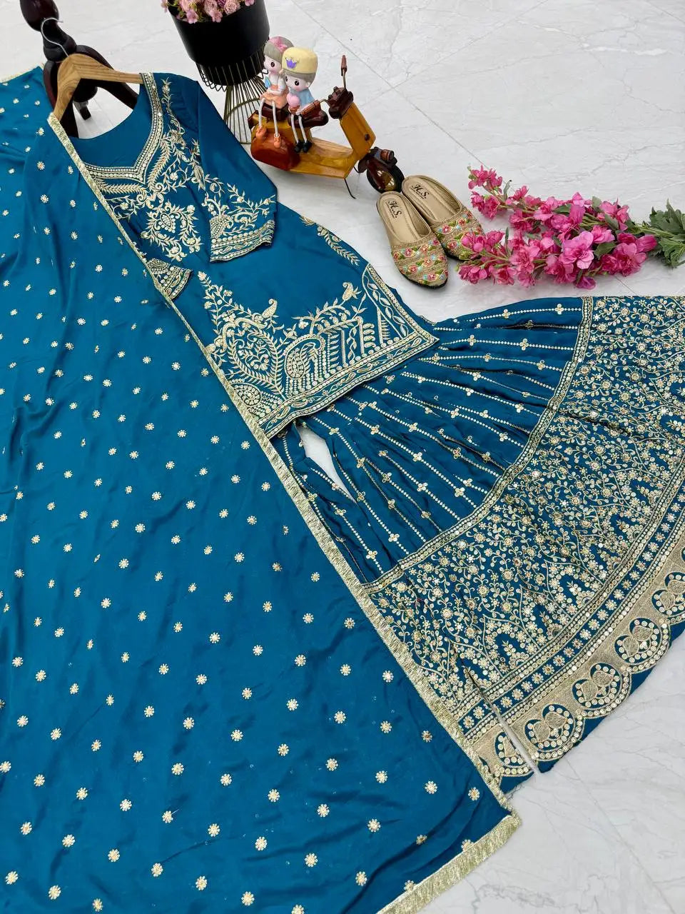 Indian Sequin Embroidered 3-Pcs Set Ethnic Wear Georgette Sharara Gharara Kurti Dupatta Pakistani Designer Ready-Made Silk Dress