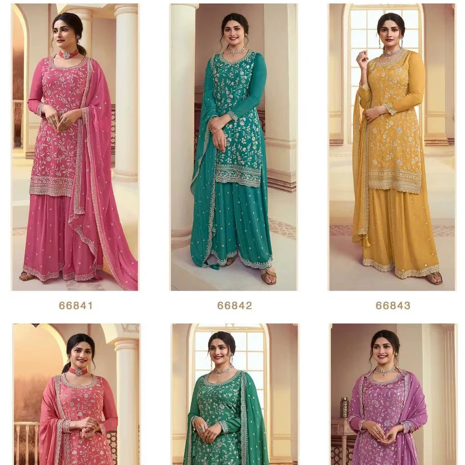 Indian Embroidery Work 3-Piece Set Pakistani Designer Traditional Ethnic Wear Readymade Sharara Gharara Silk Cotton Fabric