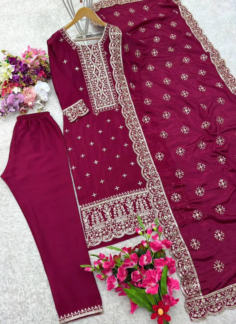 Fancy Collection Women's 3-Piece Silk Embroidered Wedding Outfit Breathable for Outdoor Use Indian Pakistani Clothing for Girls