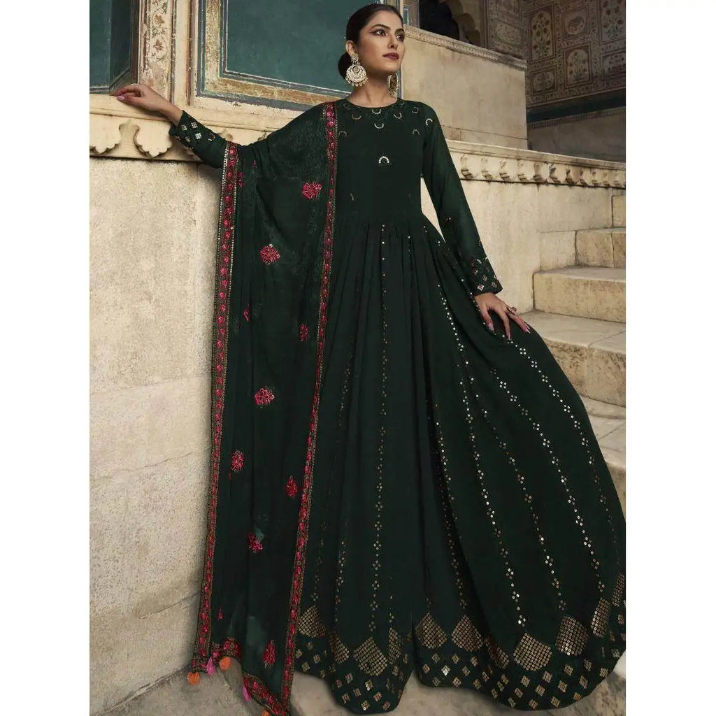 Green Sequins Embellished Georgette Ball Gown Evening Reception Wear Formal Party Dress From XS XL Empire Waistline Floor-Length