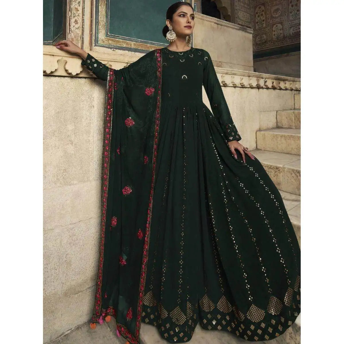 Green Sequins Embellished Georgette Ball Gown Evening Reception Wear Formal Party Dress From XS XL Empire Waistline Floor-Length
