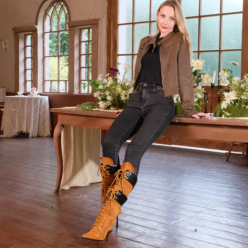 Onlymaker Women Pointed Toe Double Stiletto High Heel Lace Up Mid-Calf Boots