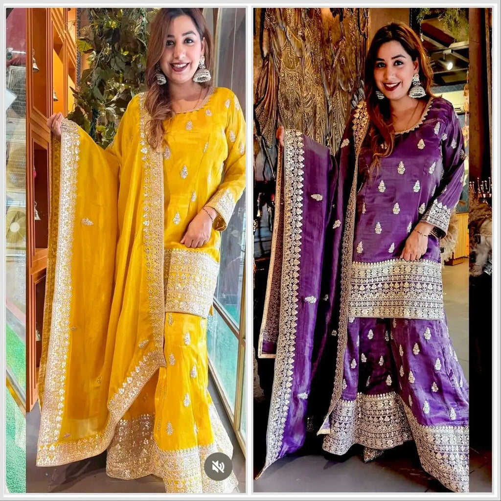Latest Designer Cinon Top-Sarara and Dupatta Set Party Wear Look for Indian & Pakistani Clothing