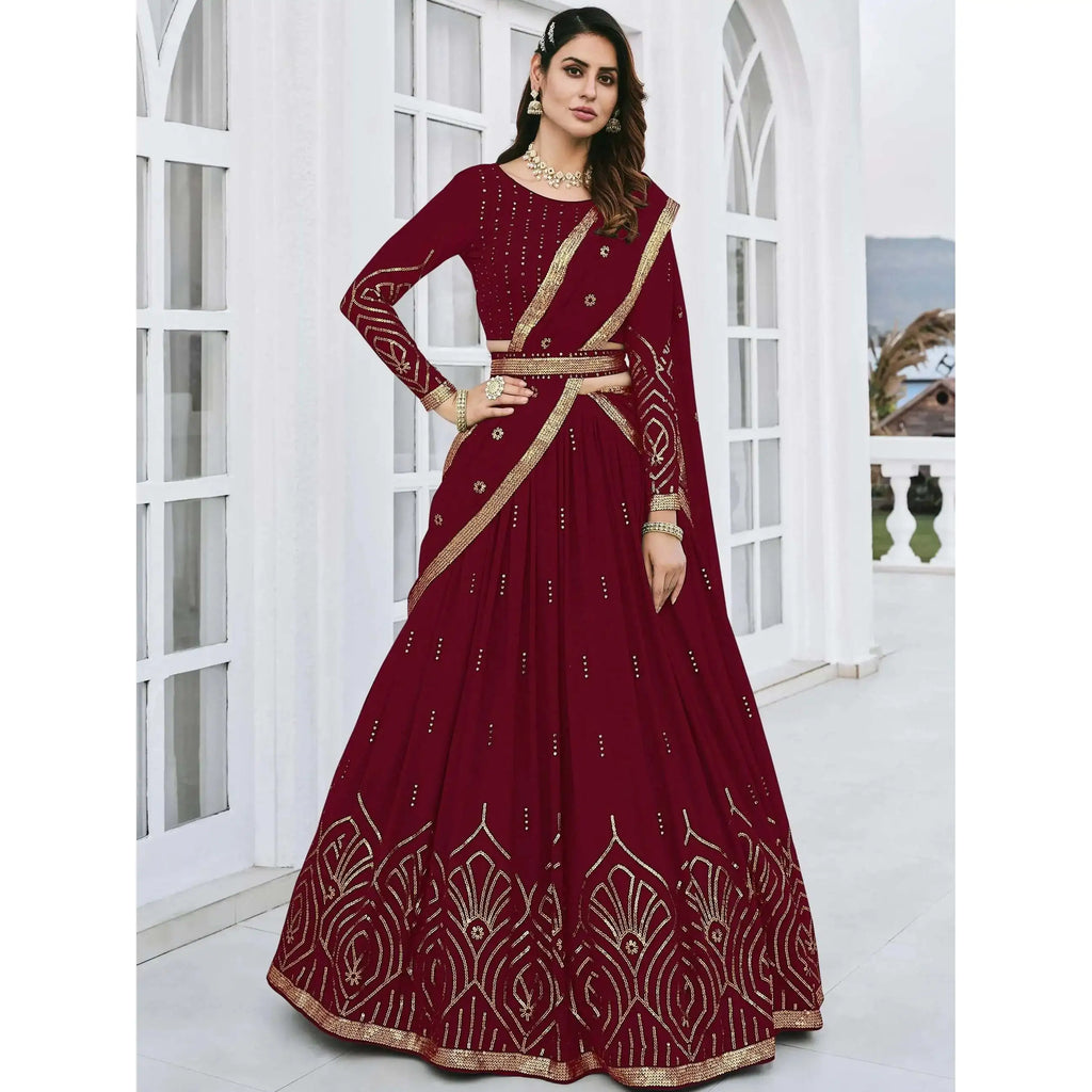 Maroon Sequins Georgette Evening Dresses Elegant Lehenga Choli for Wedding Wear