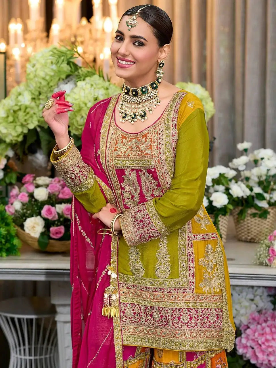Green Zardosi and Sequins Embroidered Sharara Suit with Dupatta for Women Indian Wedding Party and Festival Outfit