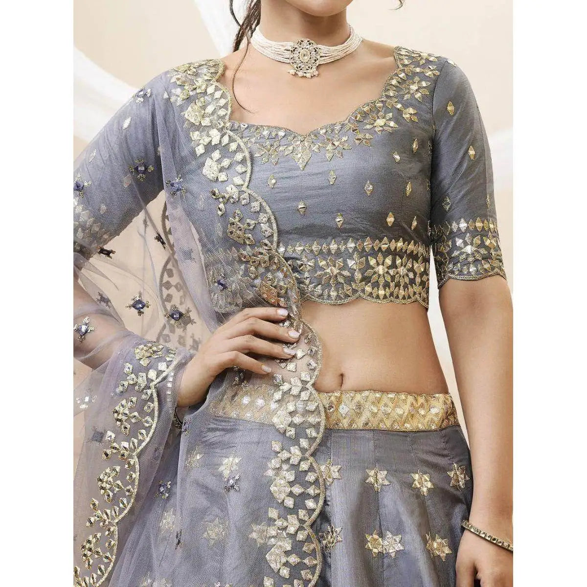 Marvelous Grey Art Silk Reception Wear Lehenga Choli with Mirror Work Evening Dresses for Women