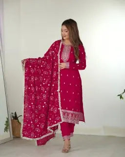 Women's Modern Style Rayon Fabric Nayra Cut Silk Suit Heavy Embroidery Sequence Work Best Quality Party Wear Dupatta Pant Indian