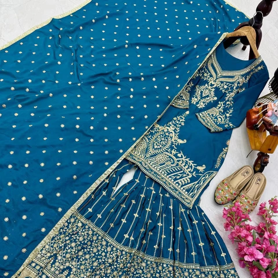 Indian Sequin Embroidered 3-Pcs Set Ethnic Wear Georgette Sharara Gharara Kurti Dupatta Pakistani Designer Ready-Made Silk Dress