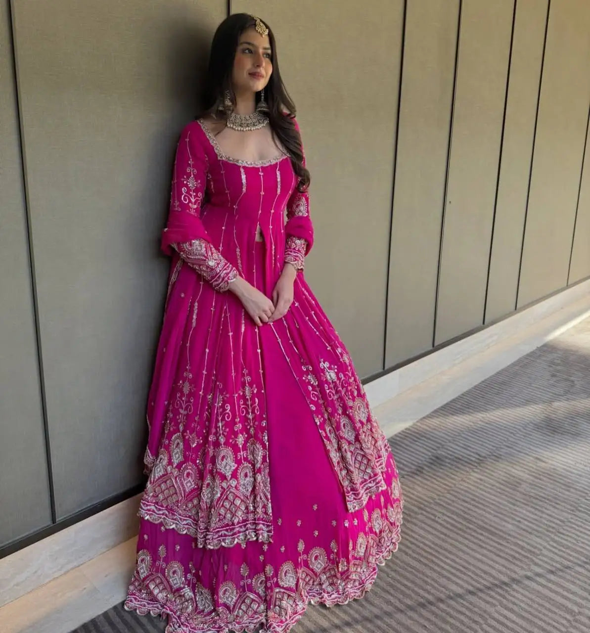 Pink Faux Georgette Embroidered Lehenga Choli Indian & Pakistani Traditional Clothing