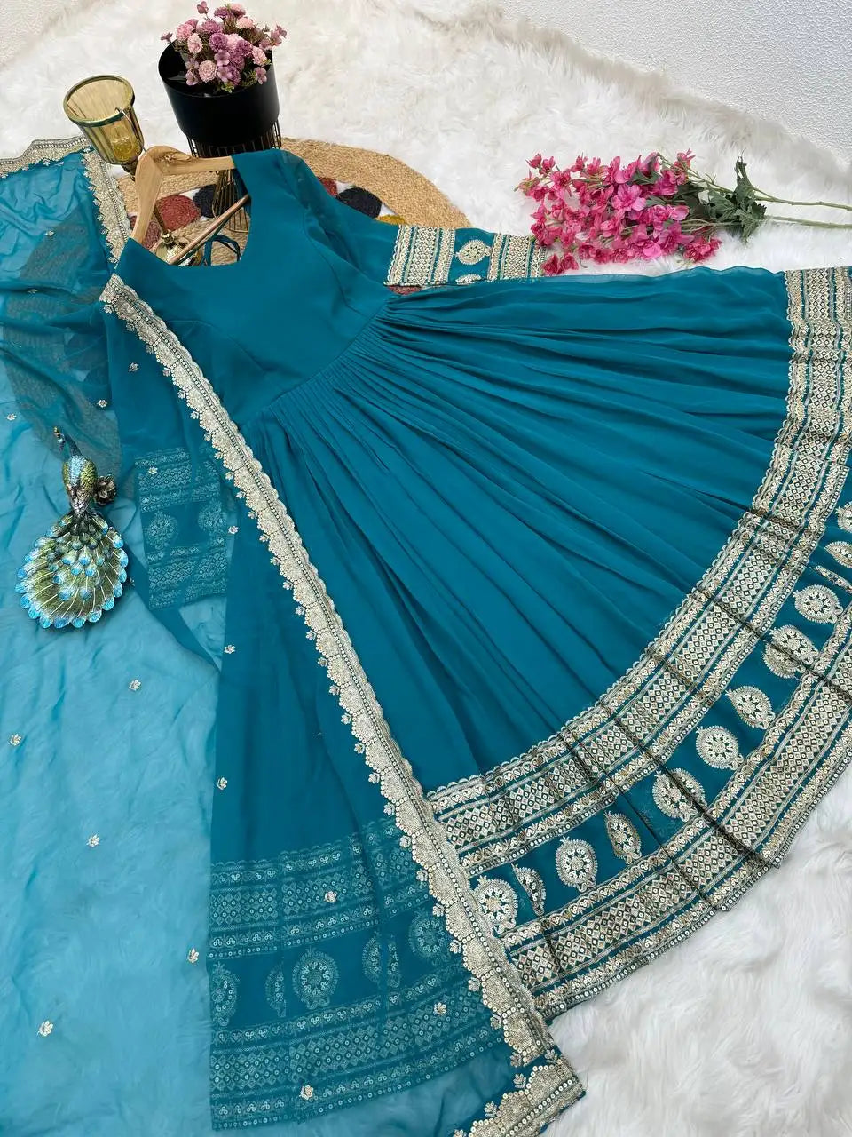 Indian Traditional Wear Faux Blooming with Multi Sequins Embroidered Work Long Beautiful Anarkali Gowns for women Wedding Wear