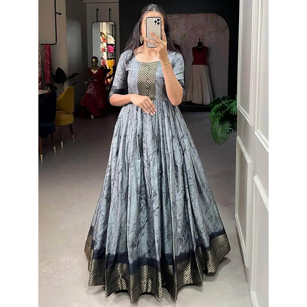 Glamorous Grey Shibori Print Silk Evening Dress Ready-to-Wear Festival Gown