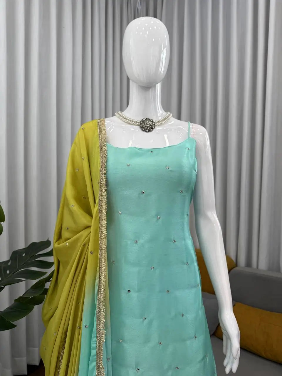 Fancy  Indian and Pakistani Clothing Chinon Silk Sequence Embroidered Work Top and Plazzo with Dupatta