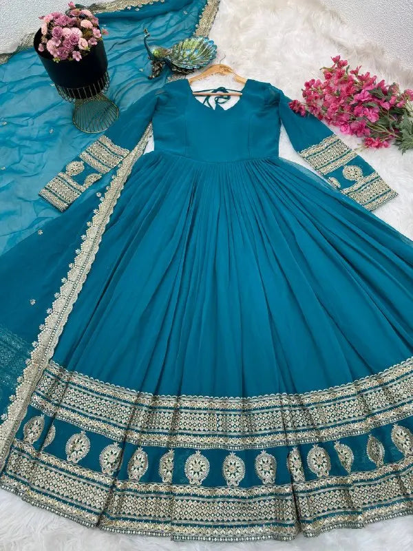 Indian Traditional Wear Faux Blooming with Multi Sequins Embroidered Work Long Beautiful Anarkali Gowns for women Wedding Wear
