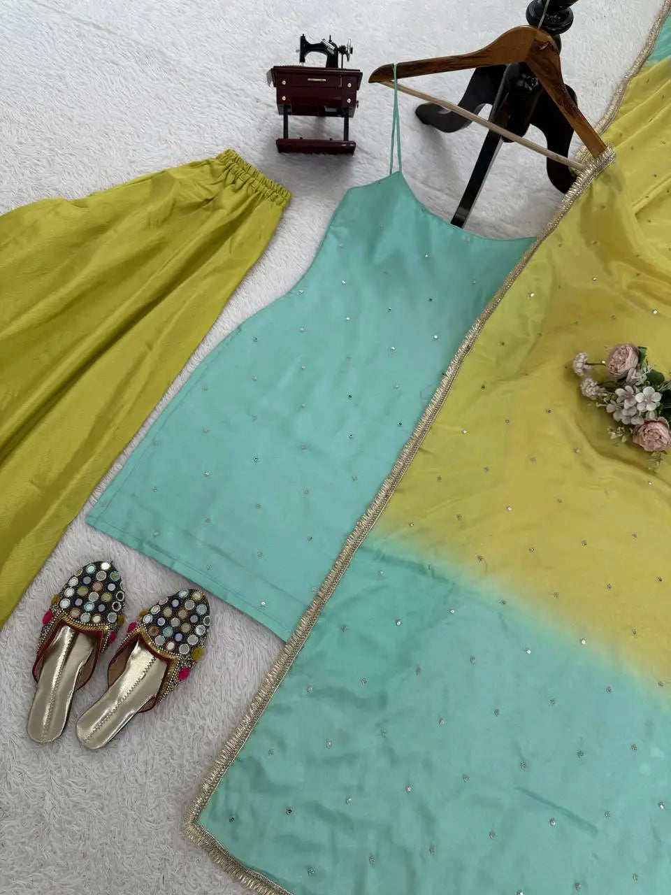 Fancy  Indian and Pakistani Clothing Chinon Silk Sequence Embroidered Work Top and Plazzo with Dupatta