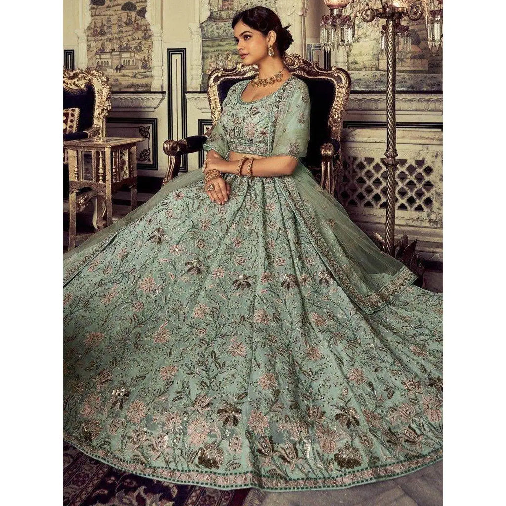 Precious Pista Green Embroidered Georgette Evening Dresses Lehenga Choli for Reception