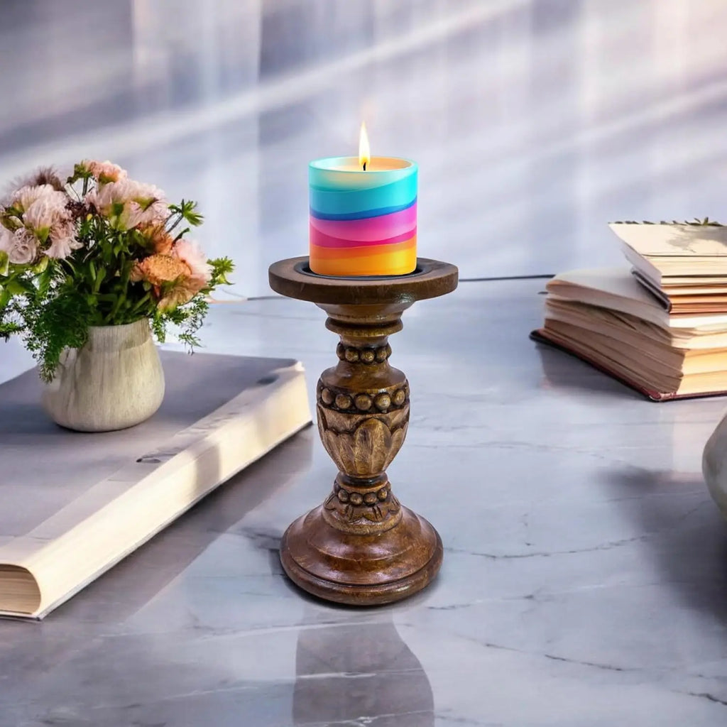 Large Modern Art Unique Wooden Candle Stand Handmade Pillar Holder with Custom Design for Hotel & Christmas Decor From India