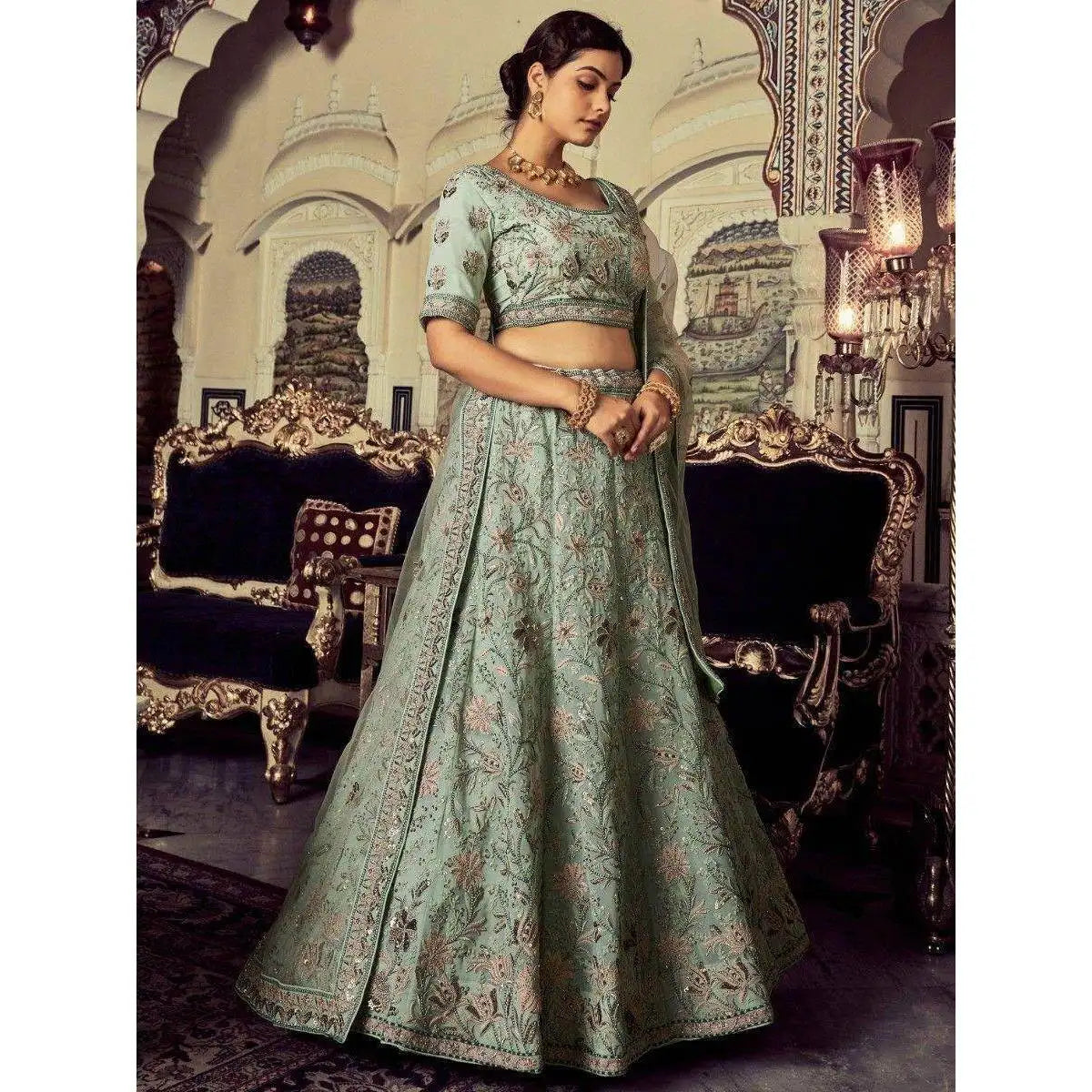 Precious Pista Green Embroidered Georgette Evening Dresses Lehenga Choli for Reception