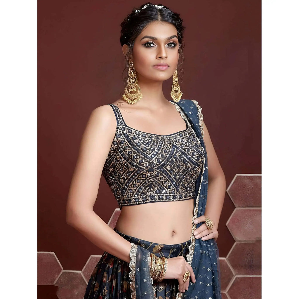 Chinon Silk Party Wear Lehenga Choli Exquisite Blue Digital Printed Evening Dresses