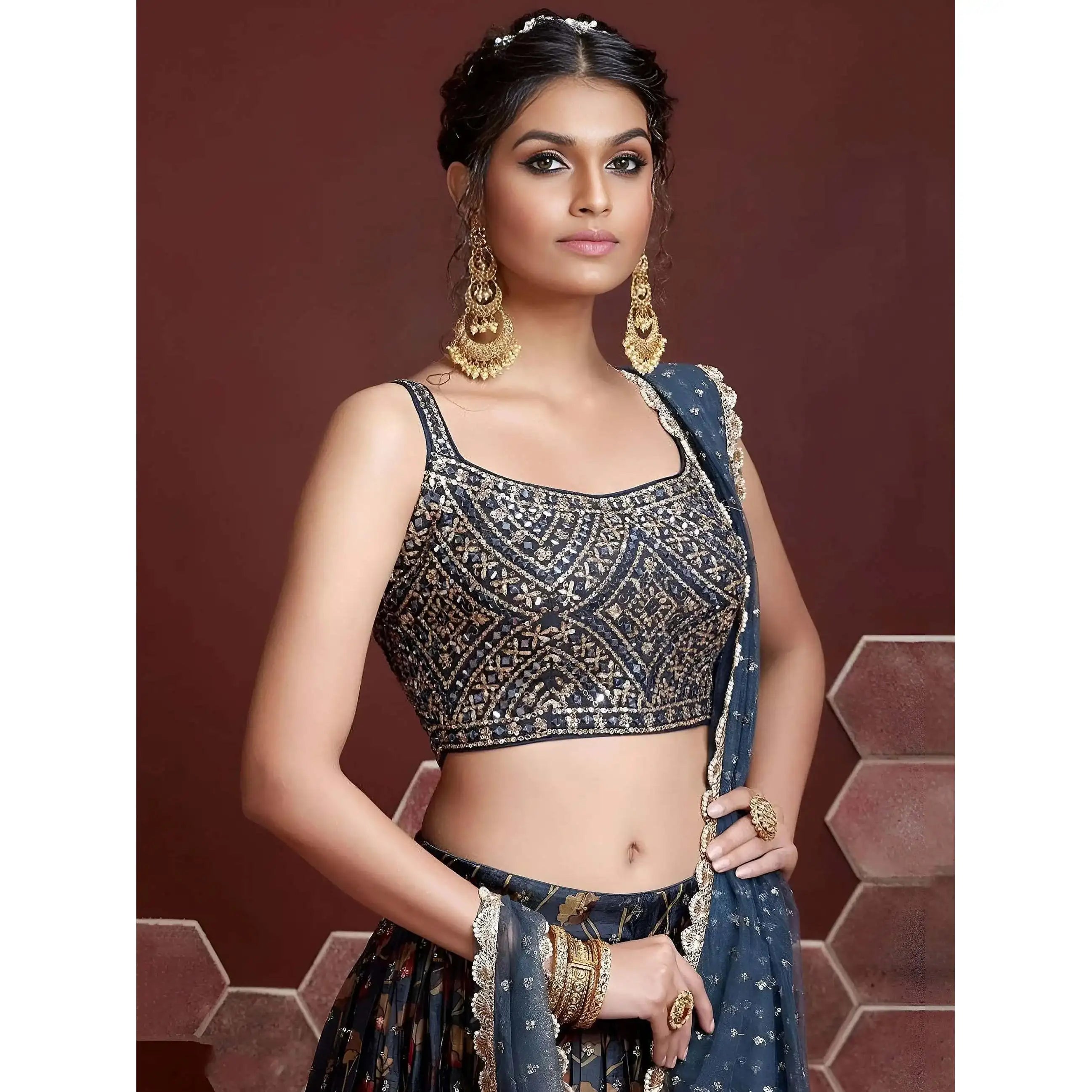 Chinon Silk Party Wear Lehenga Choli Exquisite Blue Digital Printed Evening Dresses